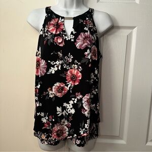 WHBM Black Floral Halter Tank Top - Pink Flower Print S